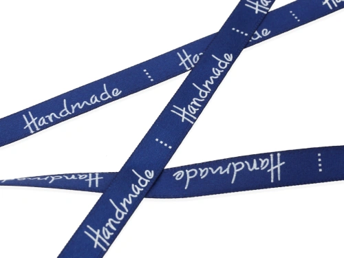 Wstążka z napisem "handmade" 10mm kolor granatowy [1m]