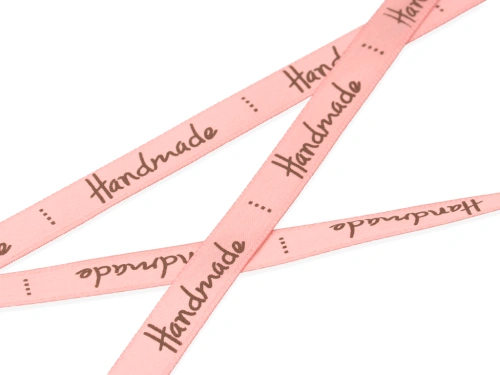 Wstążka z napisem "handmade" 10mm kolor łososiowy [1m]