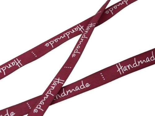 Wstążka z napisem "handmade" 10mm kolor burgundowy [1m]