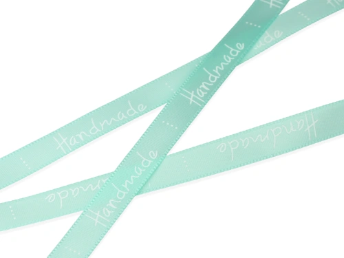 Wstążka z napisem "handmade" 10mm kolor miętowy [1m]