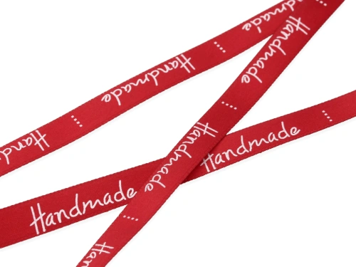 Wstążka z napisem "handmade" 10mm kolor czerwony [1m]