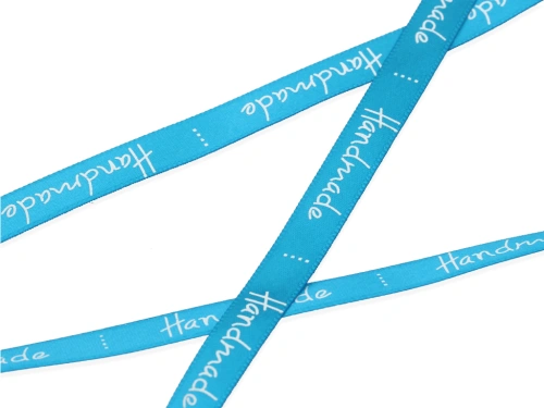 Wstążka z napisem "handmade" 10mm kolor turkusowy [1m]